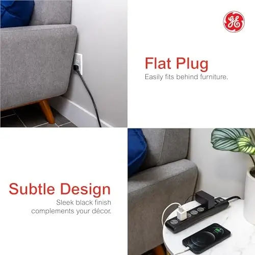 GE Surge Protector Power Strip, 4 Ft Extension Cord, 6 Outlet Extender, 800 Joules, Flat Plug, Twist-to-Close Safety Covers, ETL Listed, Black, 33659 - 3