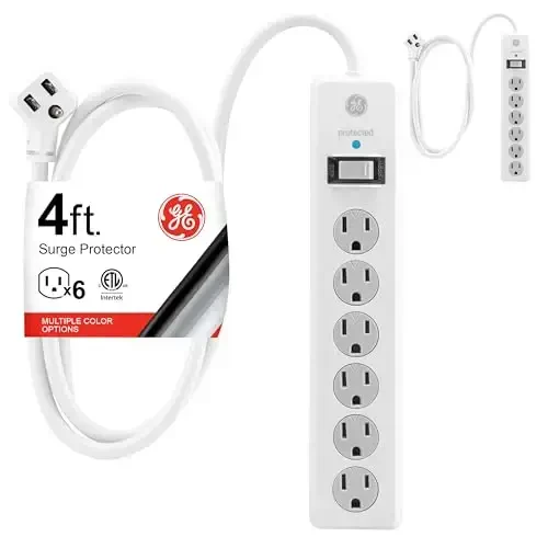 GE Surge Protector Power Strip, 4 Ft Uzaytirish Simi, 6 Chiqarish Uzaytirgichi, 800 Joul, Yassi Vilka, Xavfsizlik Qopqoqlari, UL Ro'yxatga Olingan, Oq, 2 Paket, 54634 - 1