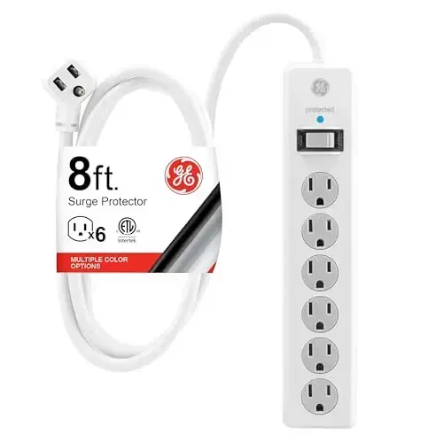 GE Surge Protector Power Strip, 8 Ft Extension Cord, 6 Outlet Extender, 800 Joules, Flat Plug, Twist-to-Close Safety Covers, ETL Listed, White, 67044 - GE