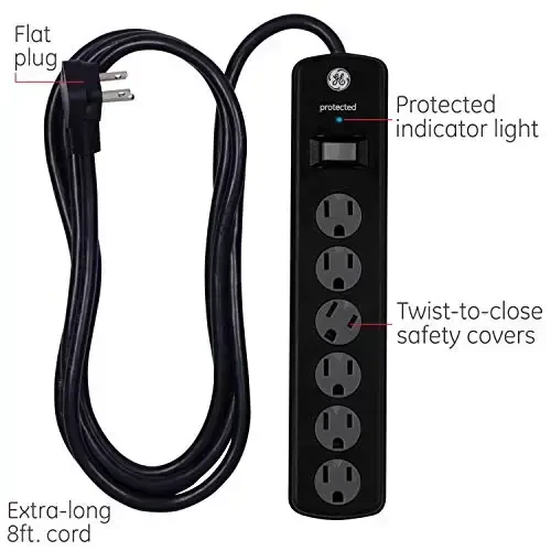 GE Surge Protector Power Strip, 8 Ft Extension Cord, 6 Outlet Extender, 800 Joules, Flat Plug, Twist-to-Close Safety Covers, UL Listed, Black, 2 Pack, 54643 - GE (1)