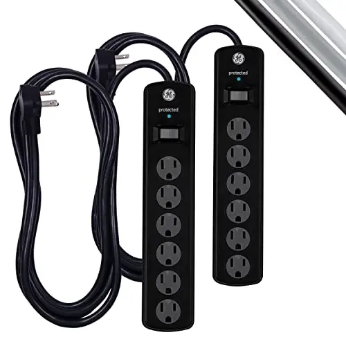 GE Surge Protector Power Strip, 8 Ft Extension Cord, 6 Outlet Extender, 800 Joules, Flat Plug, Twist-to-Close Safety Covers, UL Listed, Black, 2 Pack, 54643 - GE