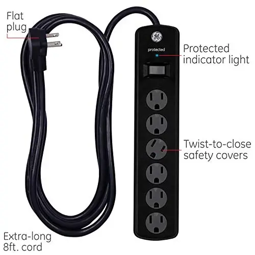 GE Surge Protector Power Strip, 8 Ft Extension Cord, 6 Outlet Extender, 800 Joules, Flat Plug, Twist-to-Close Safety Covers, UL Listed, Black, 2 Pack, 54643 - 2