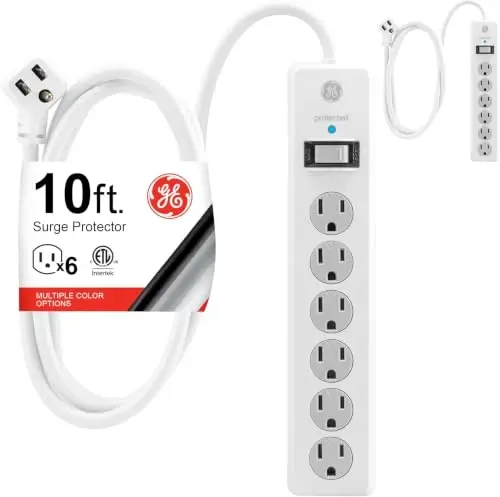 GE Surge Protector Power Strip,10 Ft Extension Cord,6 Outlet Extender,800 Joules,Flat Plug,Twist-to-Close Safety Covers,ETL Listed,White,46864, 2 Count (Pack of 10) - 1