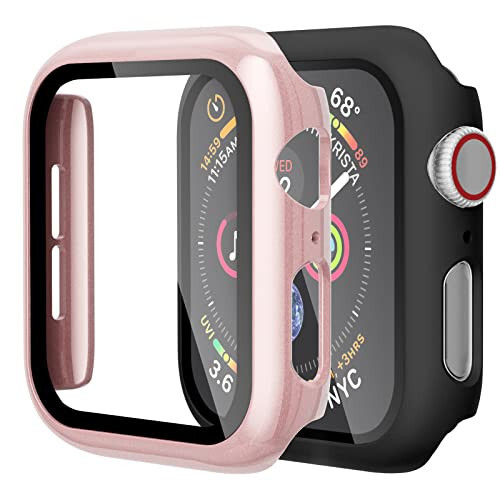 GEAK Uyumluluk Apple Watch Kasa 44mm Serisi 4 Ekran Koruyucu ile, (2'li Paket) Tam Gövde Koruyucu Tampon Kasa Kapağı iWatch Aksesuarları İçin, Siyah/Gül Altın - 1