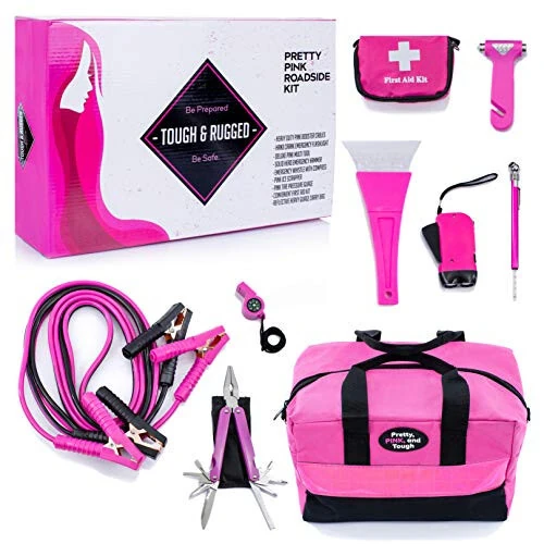 Gears Out Pretty Pink Roadside Kit - Pink Emergency Kit for Teenage Girls and Women - Lightweight Soft Carry Case with Pink Jump Leads, First Aid Kit and Pink Tools - Gears Out
