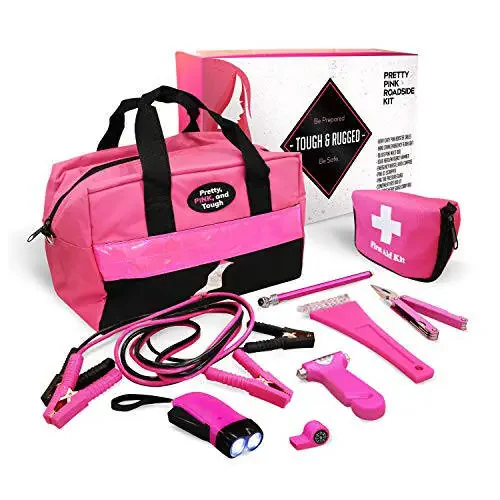 Gears Out Pretty Pink Roadside Kit - Pink Emergency Kit for Teenage Girls and Women - Lightweight Soft Carry Case with Pink Jump Leads, First Aid Kit and Pink Tools - 2