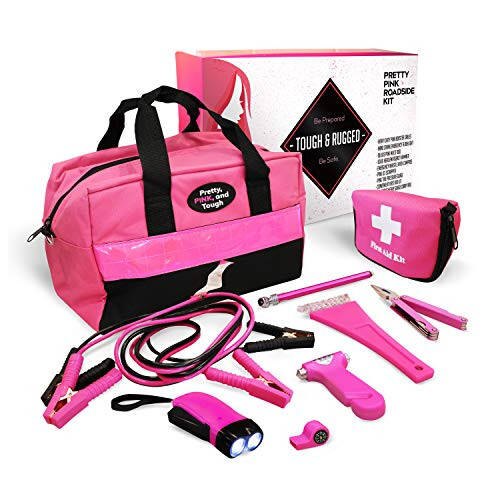 Pretty Pink Roadside Kit - Emergency Kit for Teen Girls and Women - Car Accessories with Jumper Cables, First Aid Kit, Tools, 5 Year Warranty - 2