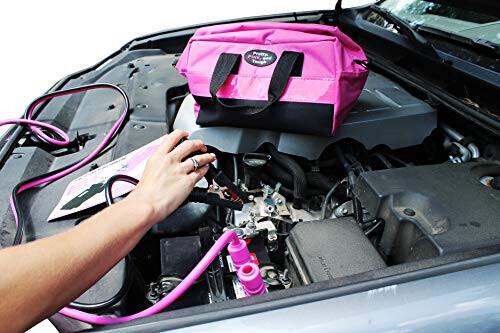 Pretty Pink Roadside Kit - Emergency Kit for Teen Girls and Women - Car Accessories with Jumper Cables, First Aid Kit, Tools, 5 Year Warranty - 7