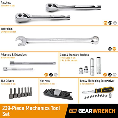 GEARWRENCH 239 dona mexanik vositalar to'plami | 1/4, 3/8, 1/2 haydovchi | 80942 - 2