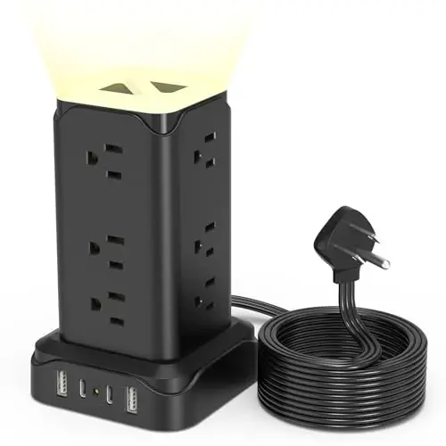 PD20W USB C Power Strip Tower with Night Light, 6 Feet Surge Protector Power Strip with 4 USB Ports, Extension Cord with Multiple Outlets Passus Thin Flat Plug for Home Office Dorm Room, Black - 1