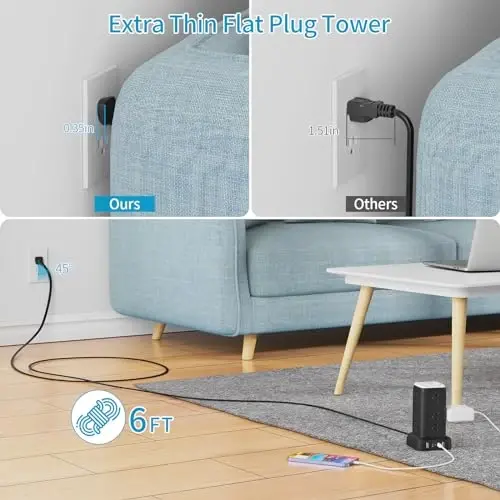 PD20W USB C Power Strip Tower with Night Light, 6 Feet Surge Protector Power Strip with 4 USB Ports, Extension Cord with Multiple Outlets Passus Thin Flat Plug for Home Office Dorm Room, Black - 4