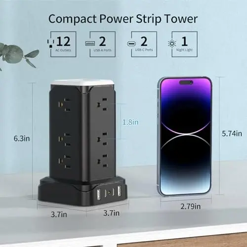 PD20W USB C Power Strip Tower with Night Light, 6 Feet Surge Protector Power Strip with 4 USB Ports, Extension Cord with Multiple Outlets Passus Thin Flat Plug for Home Office Dorm Room, Black - 5