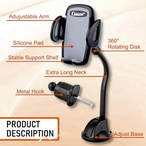 Geekstop Car Suction Cup Cell Phone Holder for Car, Adjustable Memory Hose Car Phone Mount Universal Cell Phone Holder Dashboard/Windshield/Vent Mount Fit for iPhone Samsung Android Smartphone - GEEKSTOP (1)