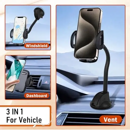 Geekstop Car Suction Cup Cell Phone Holder for Car, Adjustable Memory Hose Car Phone Mount Universal Cell Phone Holder Dashboard/Windshield/Vent Mount Fit for iPhone Samsung Android Smartphone - 4