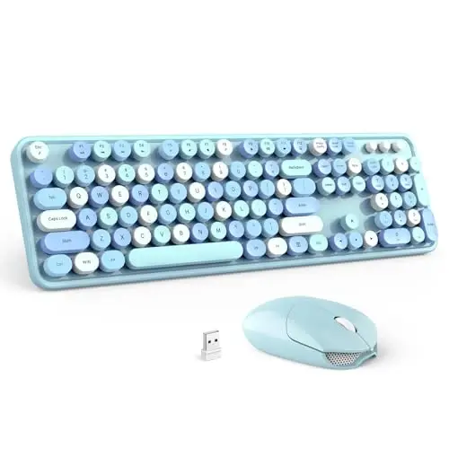 Wireless Keyboard and Mouse Combo - GEEZER Sky Blue Full-Sized Colorful Keyboard 104 Keys - USB 2.4 G Receiver Plug Play with Round Keycap Typewriter Keyboards, for Windows, PC, Laptop, Desktop - 1