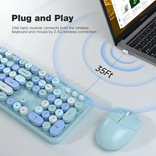 Wireless Keyboard and Mouse Combo - GEEZER Sky Blue Full-Sized Colorful Keyboard 104 Keys - USB 2.4 G Receiver Plug Play with Round Keycap Typewriter Keyboards, for Windows, PC, Laptop, Desktop - 2