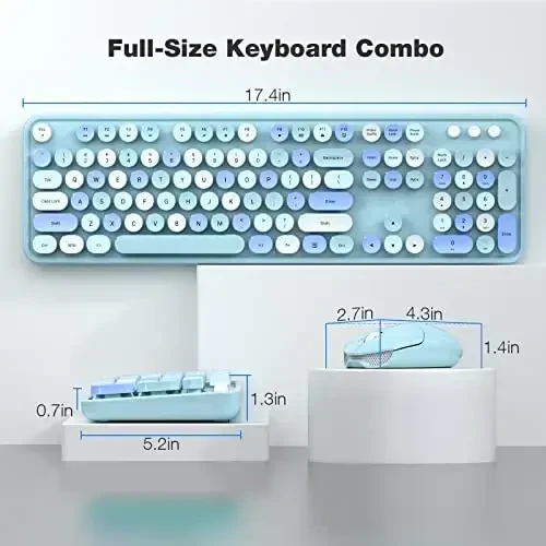 Wireless Keyboard and Mouse Combo - GEEZER Sky Blue Full-Sized Colorful Keyboard 104 Keys - USB 2.4 G Receiver Plug Play with Round Keycap Typewriter Keyboards, for Windows, PC, Laptop, Desktop - 7