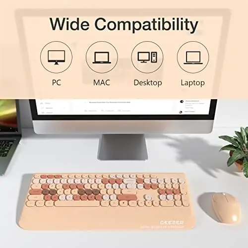 GEEZER Simsiz klaviatura va sichqoncha kombinatsiyasi Sutli choy rangi, 106 tugmali kam shovqinli to'liq o'lchamli 2.4G Ultra-ingichka rangli klaviaturalar, Windows/Mac/Laptop/PC uchun bitta USB Nano qabul qilgich - 6