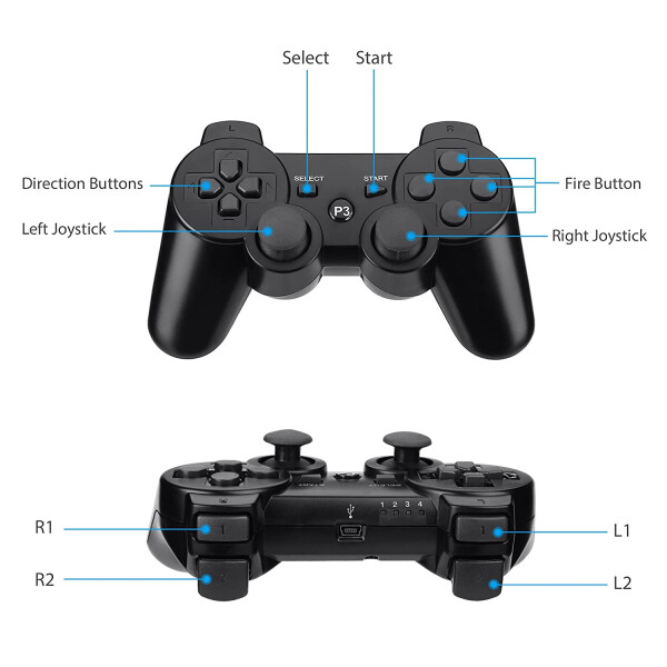 Геймпады для PS3, беспроводной игровой контроллер Playstation 3 с двойной вибрацией и датчиком движения, геймпад PS3 Bluetooth с аккумулятором, дистанционное управление, черный (1 шт.) - 13