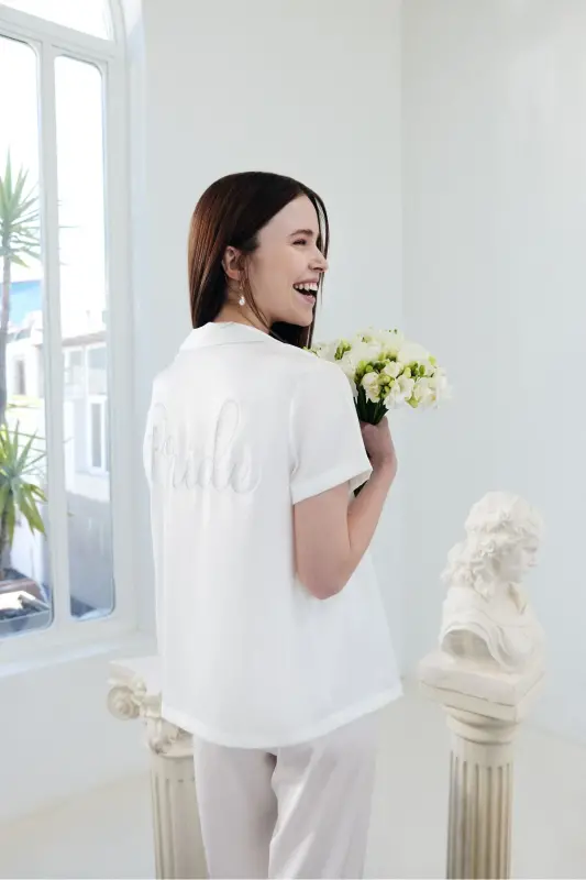 Bridal Aine Saten Gömlek Pantolon Pijama Takımı-gelin Koleksiyonu - Beyaz - 2