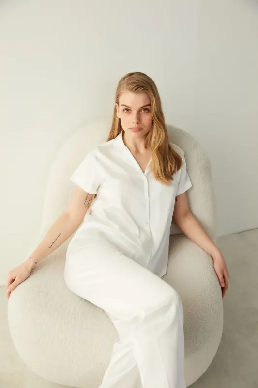 Bridal Aine Saten Gömlek Pantolon Pijama Takımı-gelin Koleksiyonu - Beyaz - 3
