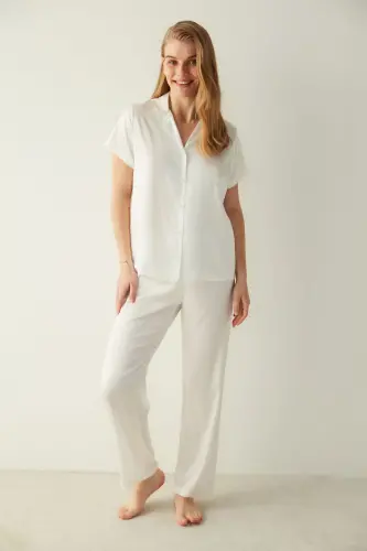 Bridal Aine Saten Gömlek Pantolon Pijama Takımı-gelin Koleksiyonu - Beyaz - 5