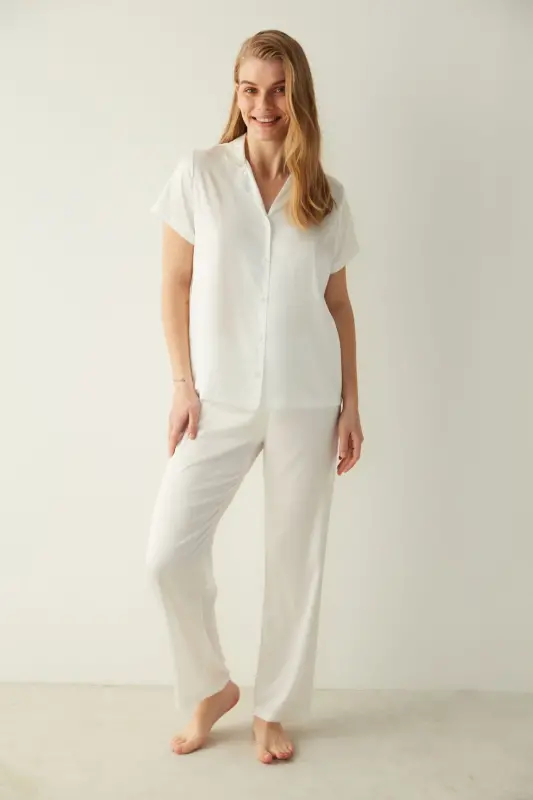 Bridal Aine Saten Gömlek Pantolon Pijama Takımı-gelin Koleksiyonu - Beyaz - 5
