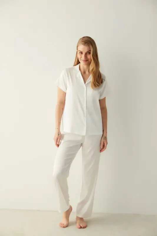 Bridal Aine Saten Gömlek Pantolon Pijama Takımı-gelin Koleksiyonu - Beyaz - 6