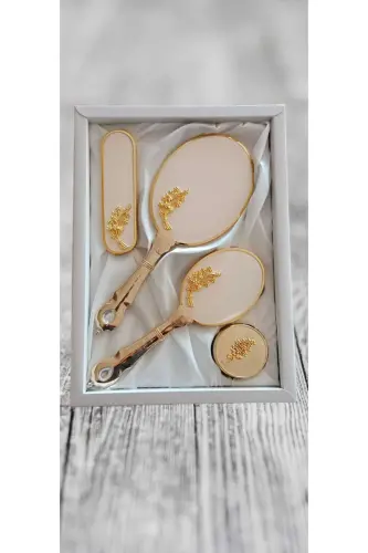 Gelin Ceyizlik Hediyelik Ayna Tarak Seti Gelin Bohçası-Krem 