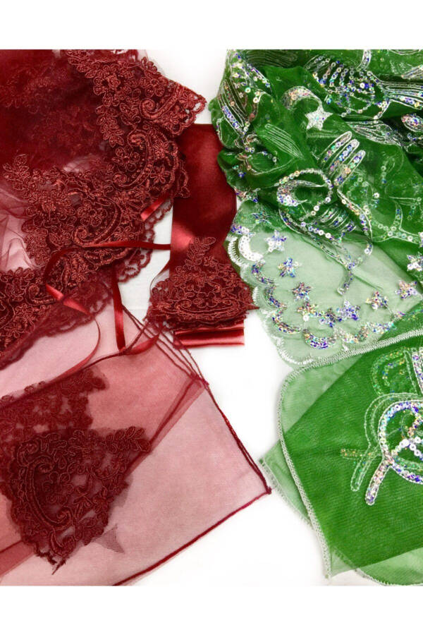 Gelin+Damat Yüz Örtüsü Duvak Kına Alı Bordo Gelin Yeşil Damat Kına Örtüsü+eldiven+kuşak - 1