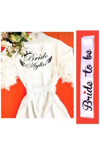 ( Isminizi Yazıyoruz) Gelin Sabahlığı Bride Sabahlık Kollar Tüylü Ve Bride To Be Kuşak - beyaz - 6