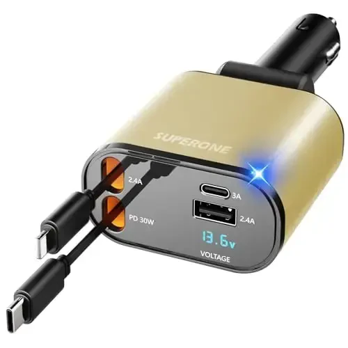 【Upgraded】 SUPERONE Retractable Car Charger 4 in 1, Fast Car Phone Charger with Cord 2.6ft, USB C and Apple Car Charger Adapter, Compatible with iPhone 17/16/15/15 Pro Max/14/13/12/11, Galaxy, Pixel - 1
