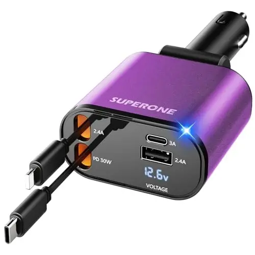 【Upgraded】 SUPERONE Retractable Car Charger 4 in 1, Fast Car Phone Charger with Cord 2.6ft, USB C and Apple Car Charger Adapter, Compatible with iPhone 17/16/15/15 Pro Max/14/13/12/11, Galaxy, Pixel - 1