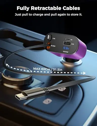 【Geliştirilmiş】 SUPERONE Geri Çekilebilir 4'ü 1 Arada Araç Şarj Cihazı, 2,6 ft Kablolu Hızlı Araç Telefonu Şarj Cihazı, USB C ve Apple Araç Şarj Cihazı Adaptörü, iPhone 17/16/15/15 Pro Max/14/13/12/11, Galaxy, Pixel ile Uyumlu - 2