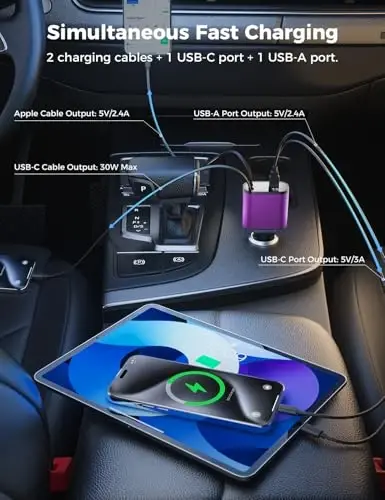 【Geliştirilmiş】 SUPERONE Geri Çekilebilir 4'ü 1 Arada Araç Şarj Cihazı, 2,6 ft Kablolu Hızlı Araç Telefonu Şarj Cihazı, USB C ve Apple Araç Şarj Cihazı Adaptörü, iPhone 17/16/15/15 Pro Max/14/13/12/11, Galaxy, Pixel ile Uyumlu - 3