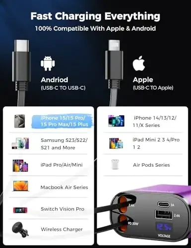 【Upgraded】 SUPERONE Retractable Car Charger 4 in 1, Fast Car Phone Charger with Cord 2.6ft, USB C and Apple Car Charger Adapter, Compatible with iPhone 17/16/15/15 Pro Max/14/13/12/11, Galaxy, Pixel - 6