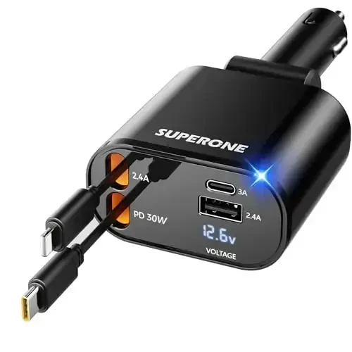 【Upgraded】 SUPERONE Retractable Car Charger 4 in 1, Fast Car Phone Charger with Cord 2.6ft, USB C and Apple Car Adapter, Compatible with iPhone 17 16 15/15 Pro Max/14/13/12/11, Galaxy, Pixel - SUPERONE