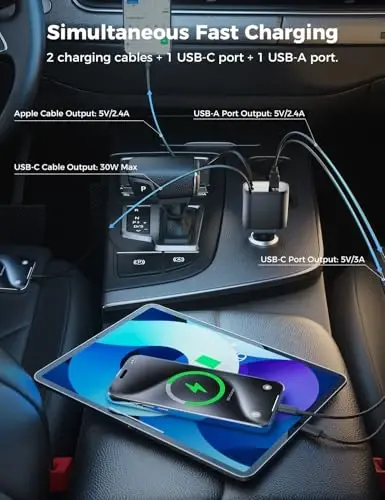 【Upgraded】 SUPERONE Retractable Car Charger 4 in 1, Fast Car Phone Charger with Cord 2.6ft, USB C and Apple Car Adapter, Compatible with iPhone 17 16 15/15 Pro Max/14/13/12/11, Galaxy, Pixel - 5