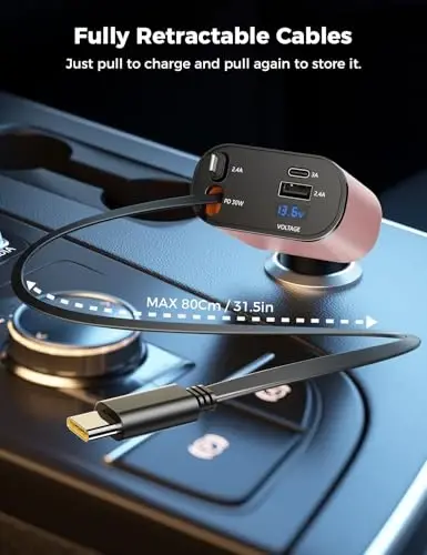 SUPERONE 【Upgraded】 Retractable Car Charger 4 in 1, Fast Car Phone Charger with Cord 2.6ft, USB C Car Charger Adapter, Compatible with iPhone 17/16/15/15 Pro Max/14/13/12/11, Galaxy, Pixel - SUPERONE (1)