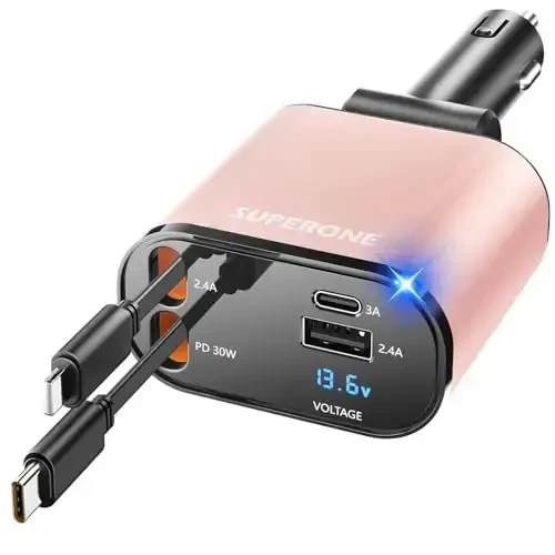【Upgraded】 SUPERONE Retractable Car Charger 4 in 1, Fast Car Phone Charger with Cord 2.6ft, USB C Car Charger Adapter, Compatible with iPhone 17/16/15/15 Pro Max/14/13/12/11, Galaxy, Pixel 