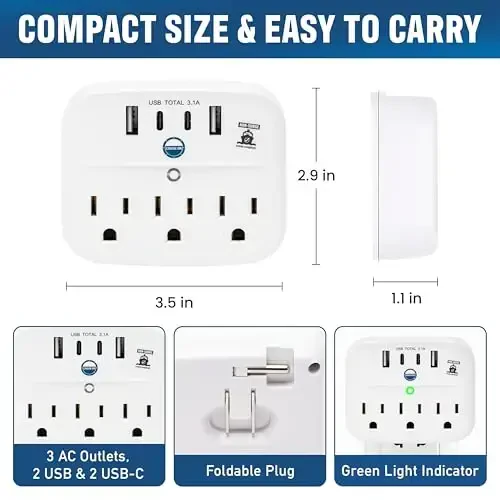 Cruise Approved Power Strip Foldable, Non Surge Protector Travel Power Strip, 2 USB-C, 2 USB, 3 AC Outlet Plugs - Cruise Essentials for Carnival, Celebrity, Princess & Major Lines in 2025 & 2026 - 3