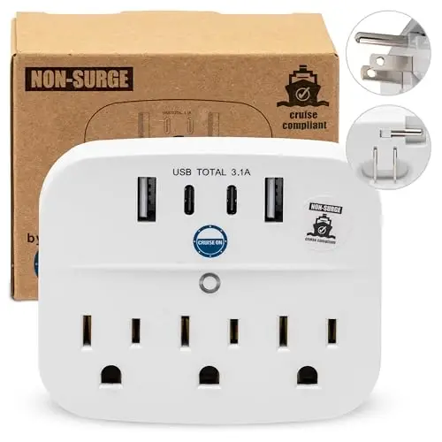 Cruise Approved Power Strip Foldable, Non Surge Protector Travel Power Strip, 2 USB-C, 2 USB, 3 AC Outlet Plugs - Cruise Essentials for Carnival, Celebrity, Princess & Major Lines in 2025 & 2026 