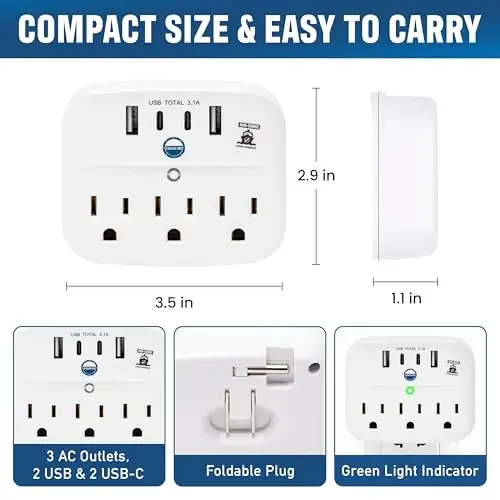 Cruise Approved Power Strip Foldable, Non Surge Protector Travel Power Strip, 2 USB-C, 2 USB, 3 AC Outlet Plugs - Cruise Essentials for Carnival, Celebrity, Princess & Major Lines in 2026 & 2027 - 3