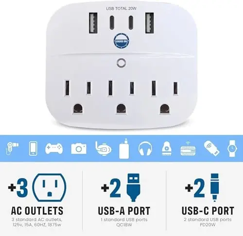 Cruise Approved Power Strip Foldable, Non Surge Protector Travel Power Strip, 2 USB-C, 2 USB, 3 AC Outlet Plugs - Cruise Essentials for Carnival, Celebrity, Princess & Major Lines in 2026 & 2027 - 4