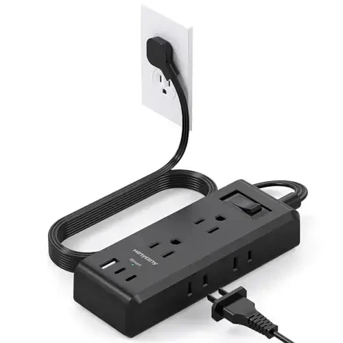 Cruise Essentials, Flat Plug Power Strip, HANYCONY 5ft Ultra Flat Extension Cord - 6 Outlets 3 USB Ports (2 USB C) Desktop Charging Station, No Surge Protection for Travel, Dorm Room Essentials, Black - HANYCONY