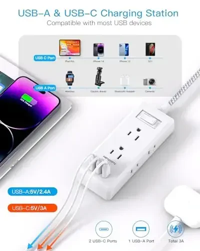 Cruise Ship Essentials, HANYCONY Flat Plug Extension Cord, Power Strip with 6 Outlets 3 USB Ports, 5ft Outlet Extender with Wall Mount No Surge Protector for College Dorm Room Travel Essentials - 3
