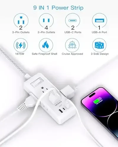 Cruise Ship Essentials, HANYCONY Flat Plug Extension Cord, Power Strip with 6 Outlets 3 USB Ports, 5ft Outlet Extender with Wall Mount No Surge Protector for College Dorm Room Travel Essentials - 6