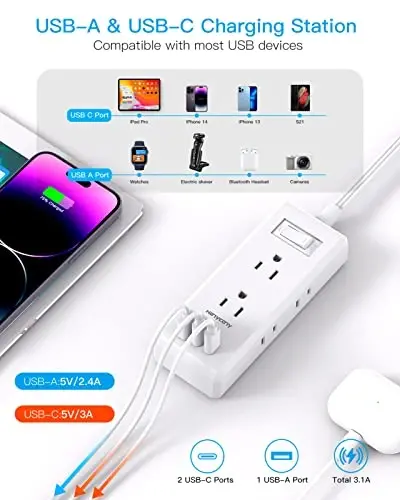 Cruise Ship Essentials, HANYCONY Flat Plug Extension Cord, Power Strip with 6 Outlets 3 USB Ports, 5ft Outlet Extender with Wall Mount No Surge Protector for College Dorm Room Travel Essentials - 3