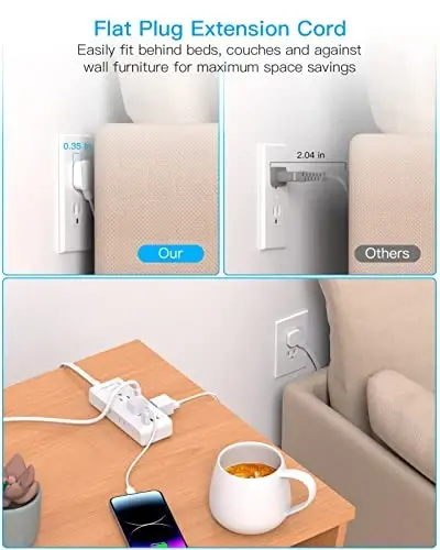 Short Extension Cord 1 Ft, HANYCONY Ultra Thin Flat Plug Power Strip, 6 Outlets 3 USB Ports(2 USB C), Multiple Outlet Extender with Wall Mount No Surge Protector for Dorm Room Cruise Travel Essentials - 4
