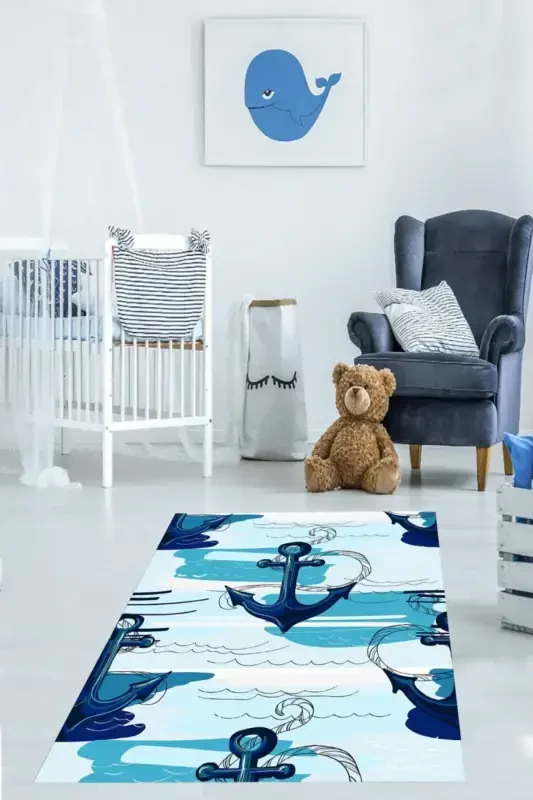 Gemici Desenli Deniz Çapa Dijital Baskı Yıkanabilir Kaymaz Taban Leke Tutmaz Çocuk Odası Halısı-Mavi - PELANGI